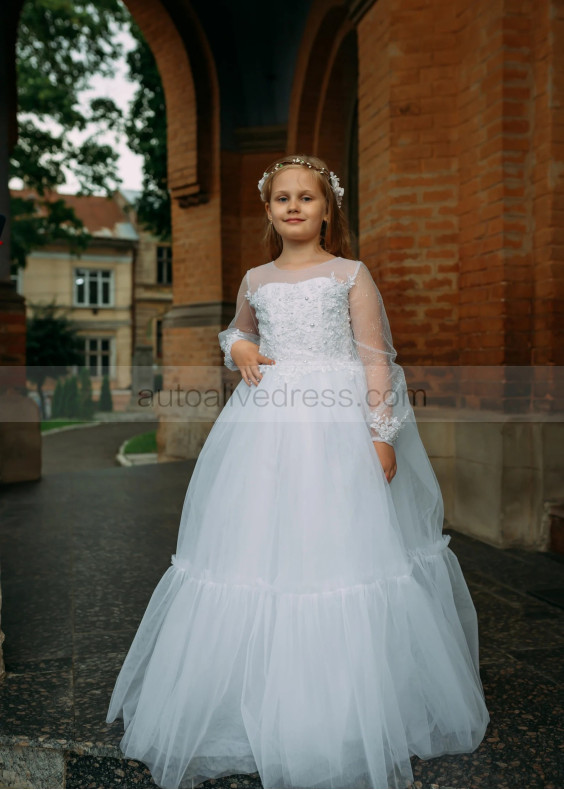 Long Sleeves Beaded Ivory Lace Tulle Flower Girl Dress